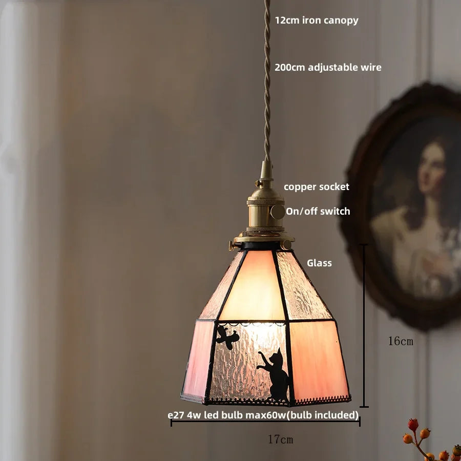 Afralia™ Tiffany Cat Glass LED Pendant Light in Walnut Wood Finish