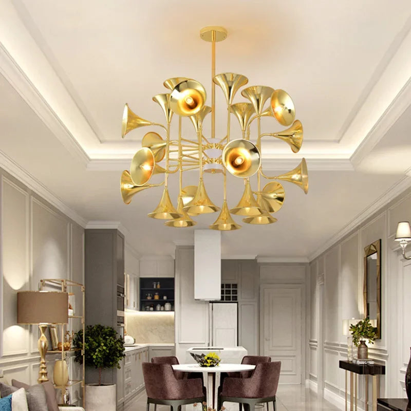 Afralia™ Gold Flared Trumpet Chandelier for Kitchen, Hall, Study, Drawing Room