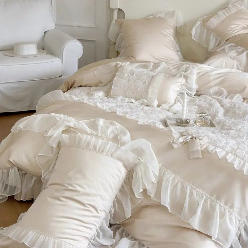 Afralia™ French Lace Ruffles Flowers Bedding Set: Duvet Cover, Sheet Set, Pillowcases
