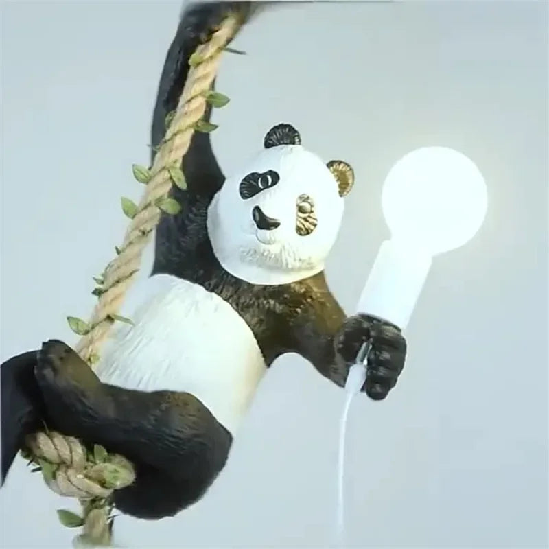 Afralia™ Resin Panda Pendant Light: Vintage Loft Hemp Rope Hanging Chandelier