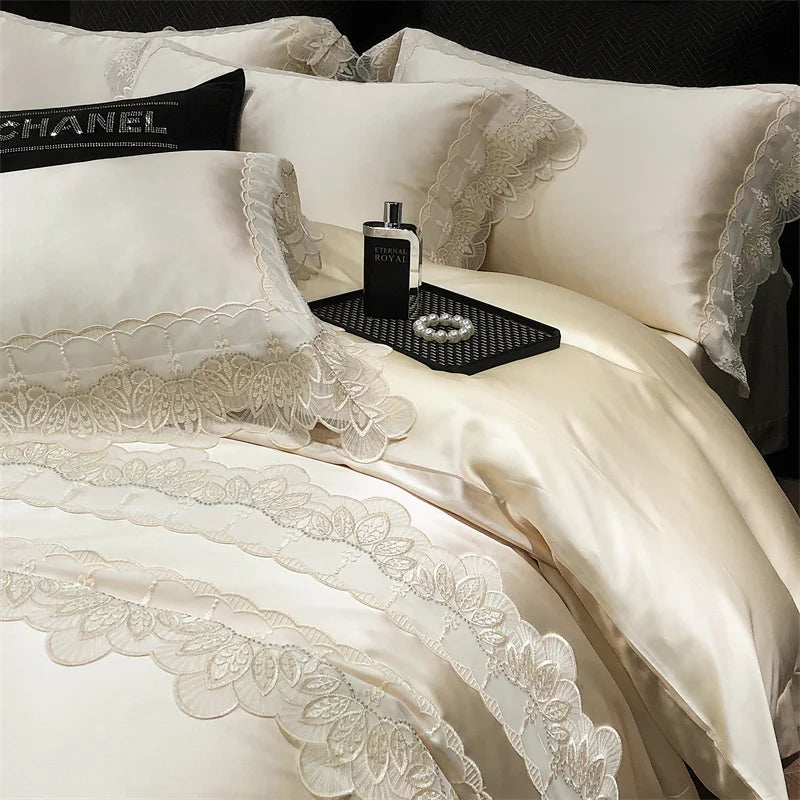 Afralia™ Lace Patchwork Silk Cotton Luxury Bedding Set Queen King Size
