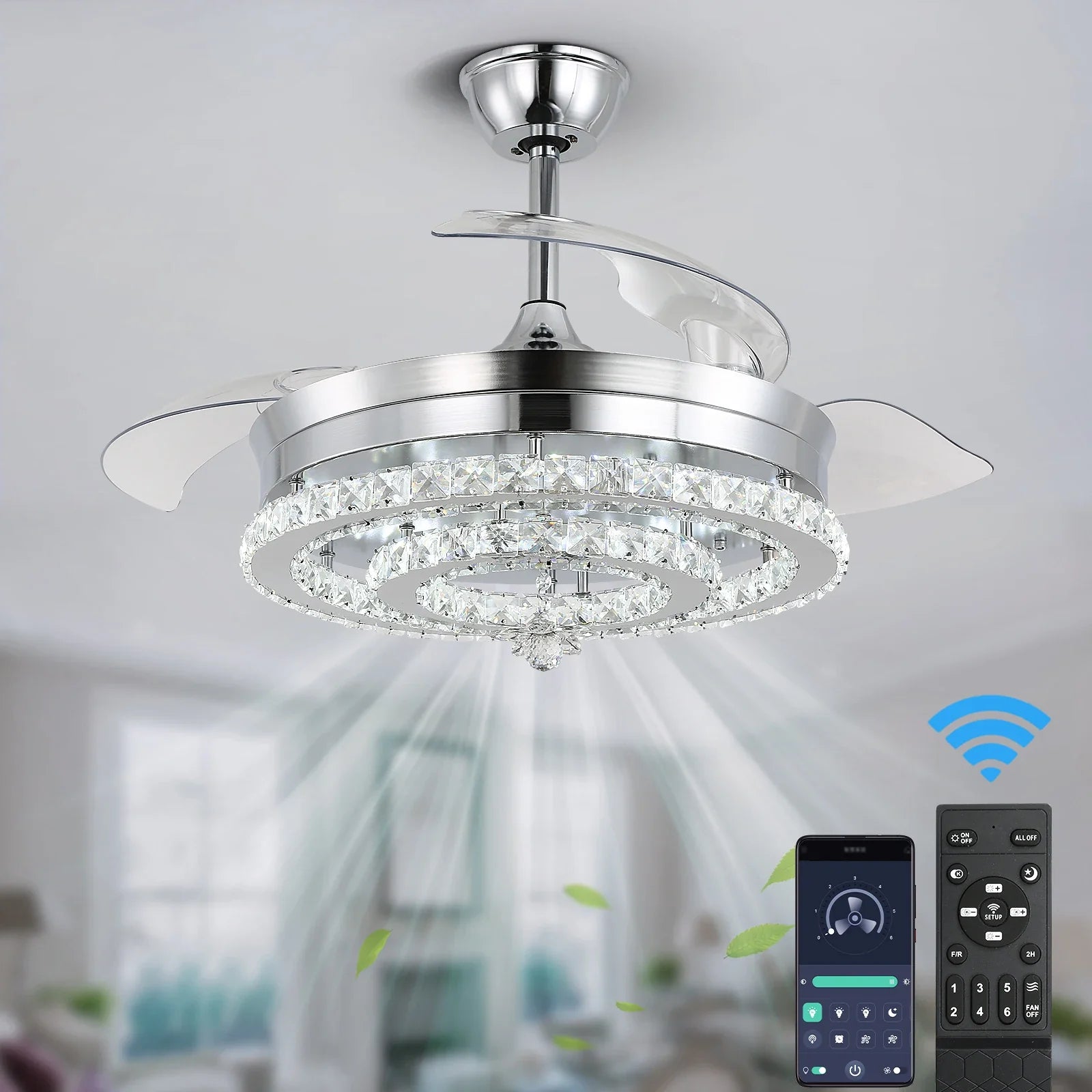 Afralia™ Crystal Fan Chandelier LED Light Retractable Blades Dimmable Remote Modern Home Decor