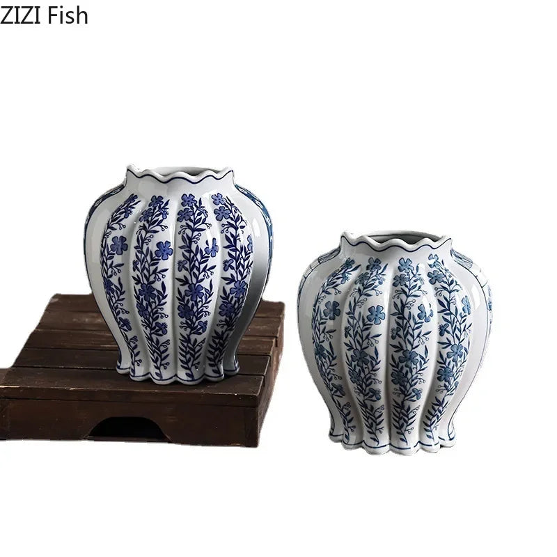 Afralia™ Blue & White Porcelain Vase Desk Decor with Artificial Flowers