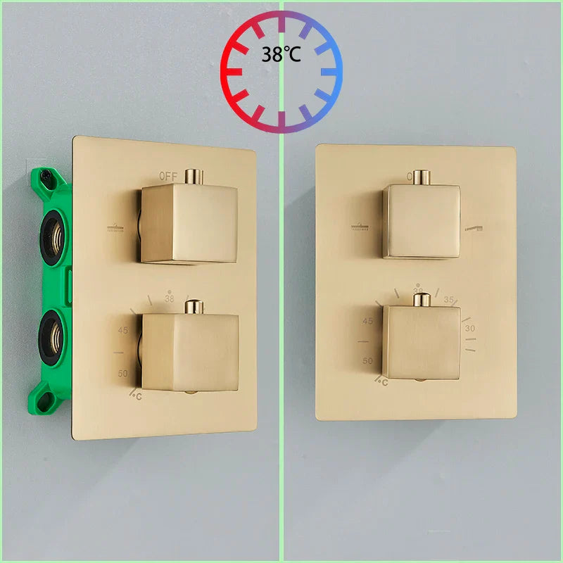 Afralia™ Brushed Gold LED Thermostatic Shower Faucet Set with Ceiling Rainfall Shower Head