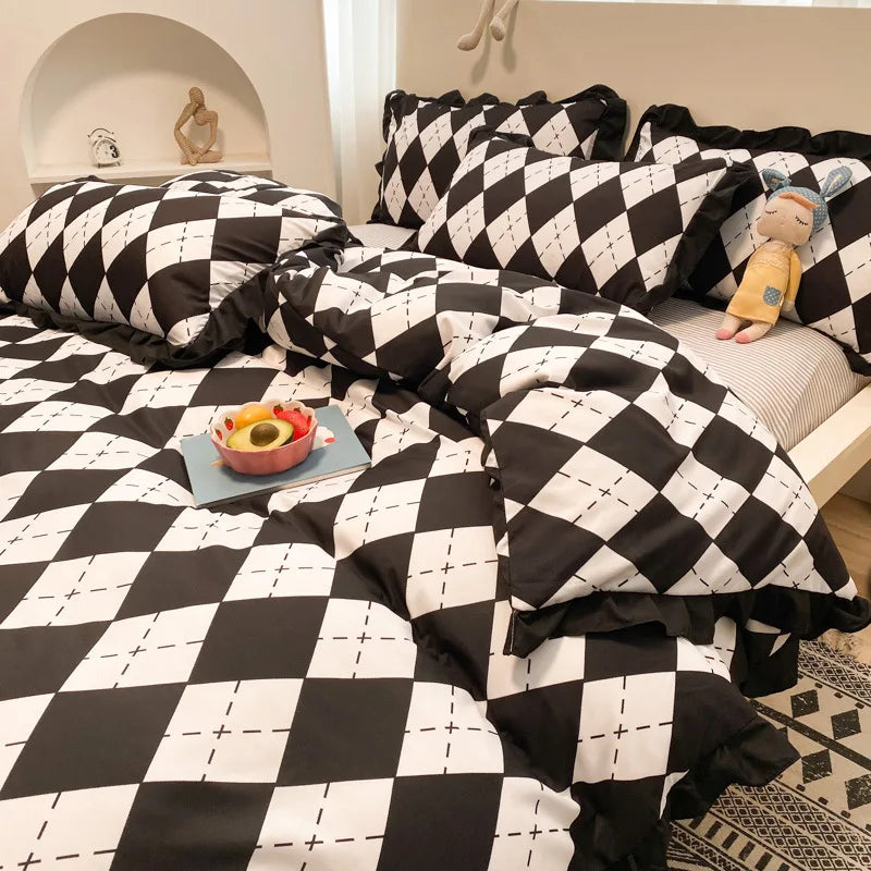 Afralia™ Princess Style Ruffles Duvet Cover Set with Flower Print and Pillow Case