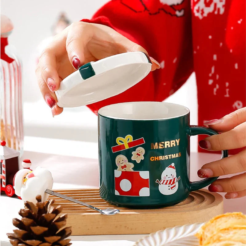 Afralia™ Festive Ceramic Christmas Coffee Mug with Lid, Spoon | Holiday Gift Mug