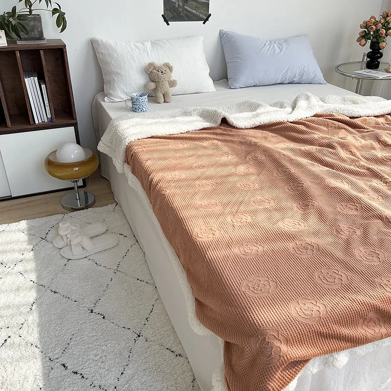 Afralia™ Camellia Jacquard Lamb Wool Blanket - Double-Layer Cozy Quilt