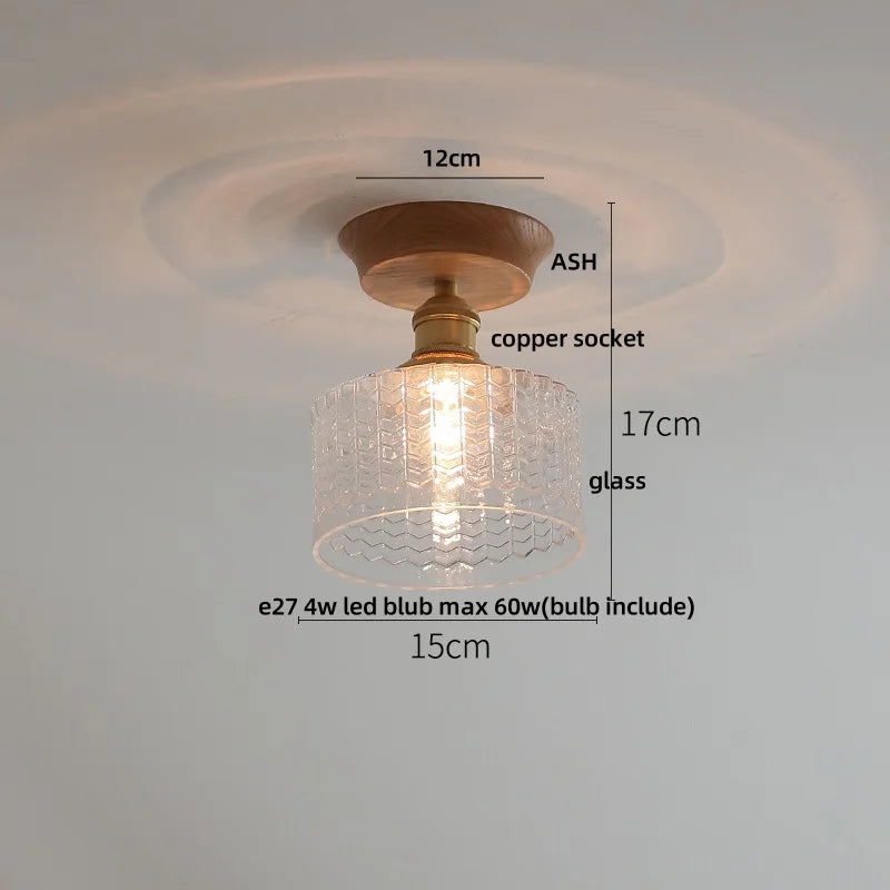 Afralia™ Tiffany Glass Copper Ceiling Lights Wood Ash LED Lamp Japan Style