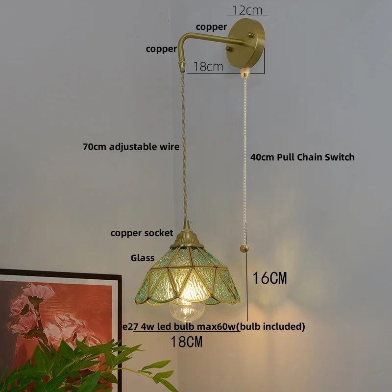 Afralia™ Glass Brass LED Wall Sconce Pull Chain Switch Vintage Vanity Light
