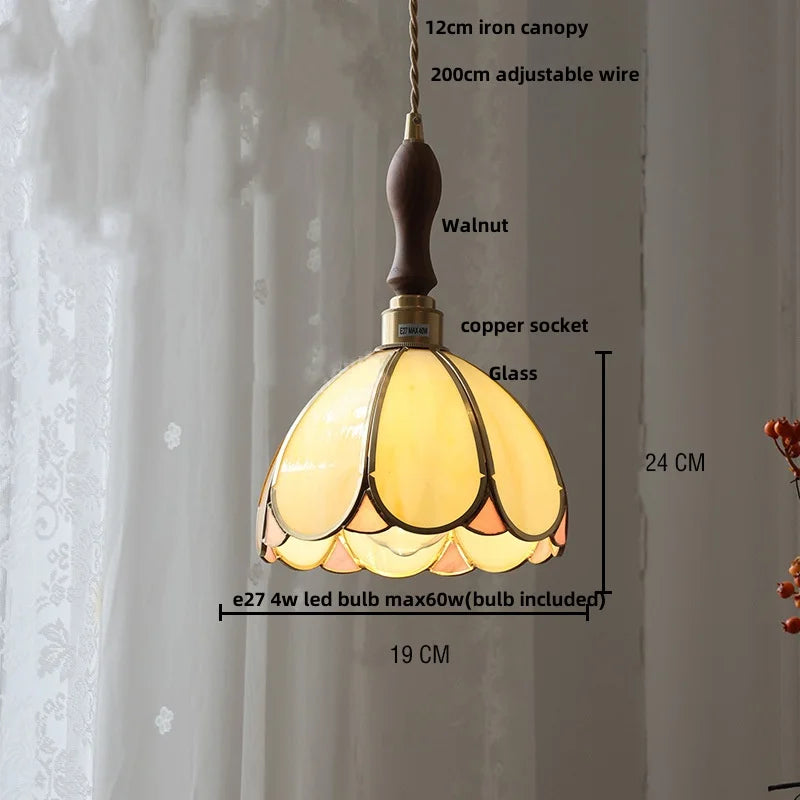 Afralia™ Tiffany Glass LED Pendant Lamp Walnut Knob Switch Vintage Hanging Light