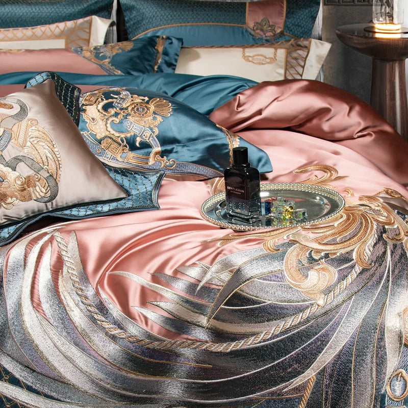 Afralia™ Luxe Gold Embroidery Palace Style Bedding Set - Duvet, Sheet, Pillowcases