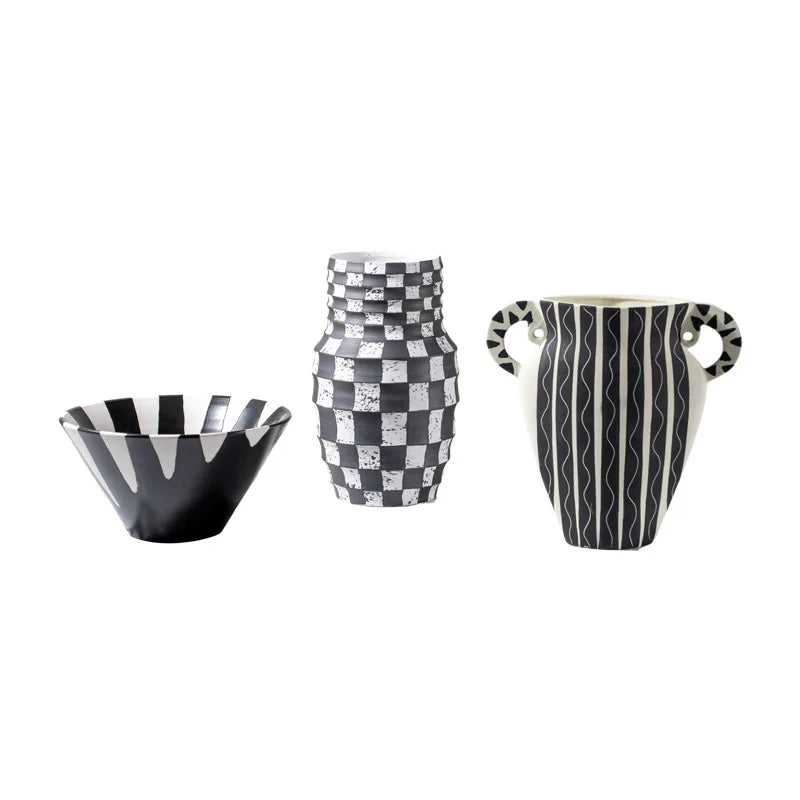 Afralia™ Black Check Geometric Striped Ceramic Vase - Handcrafted Floral Arrangement Pot