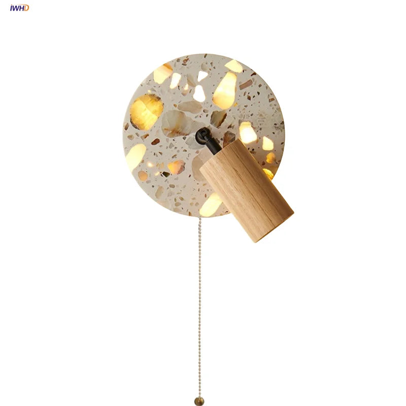 Afralia™ Terrazzo LED Wall Lights Iron Rotate Pull Chain Switch Wood Bedside Lamp