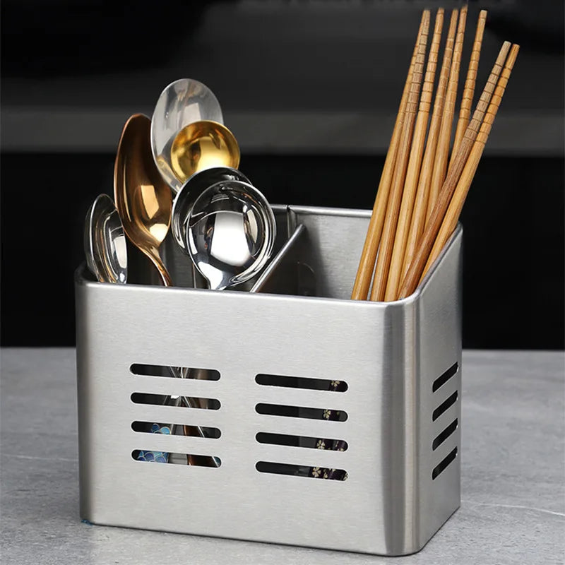 Afralia™ Stainless Steel Chopsticks & Utensil Holder - 2 Grids Skeleton Draining Rack