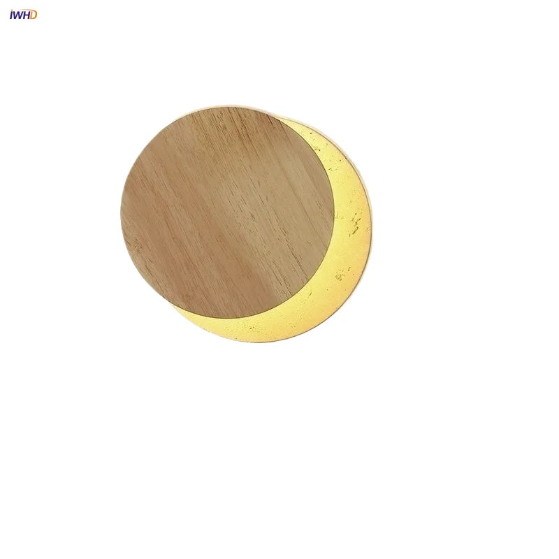 Afralia™ Solar Eclipse LED Wall Lamp: Nordic Design Wooden Base, Yellow Travertine, 360° Rotate