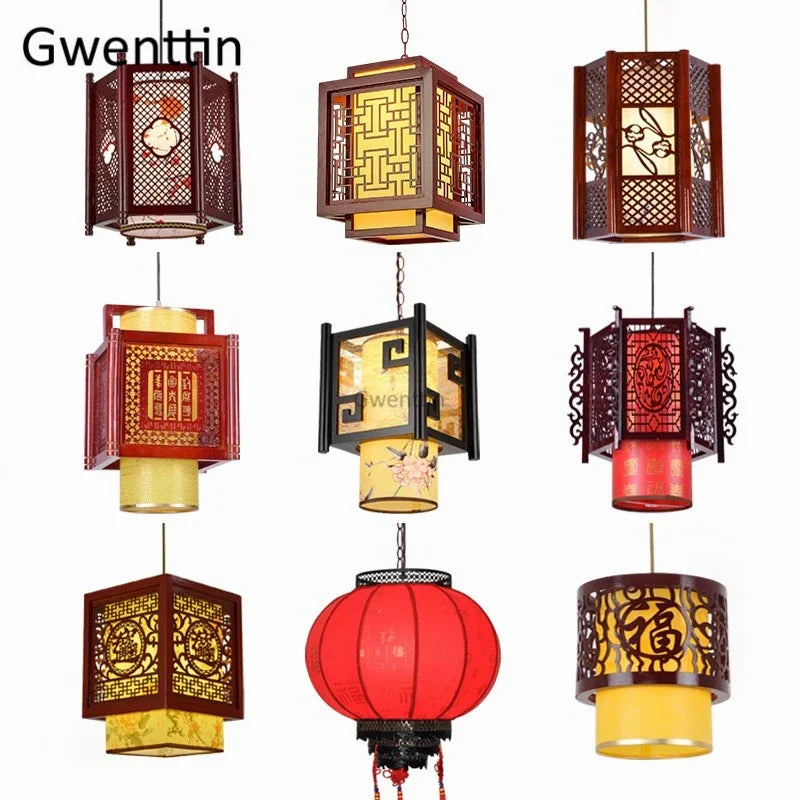 Afralia™ Sheepskin Lantern Pendant Light - Vintage Chinese Style Wooden Hanging Lamp