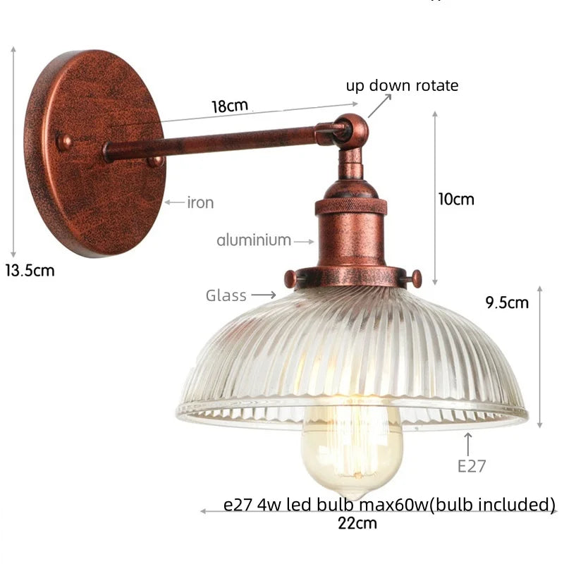 Afralia™ Black LED Wall Lamp Vintage Style Iron Bedside Light Glass Wall Sconce