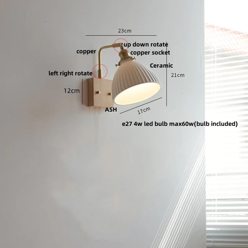 Afralia™ Nordic LED Wall Light Pull Chain Switch Rotatable Walnut Copper Bedside Lamp