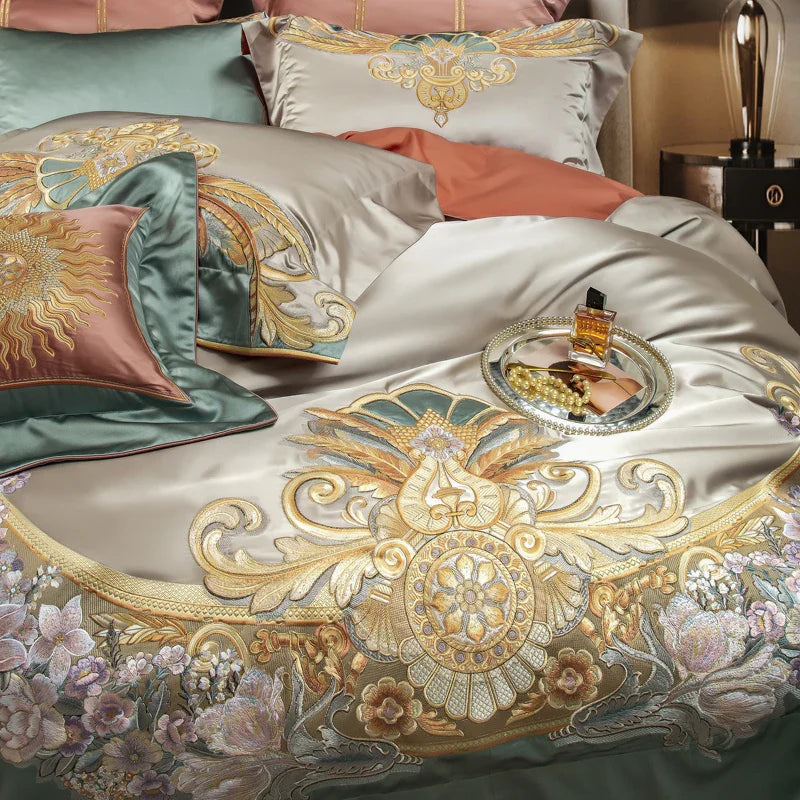 Afralia™ Vintage Flowers & Gold Embroidery Bedding Set - 4/6/9Pcs Egyptian Cotton Duvet Cover, Sheet & Pillowcases