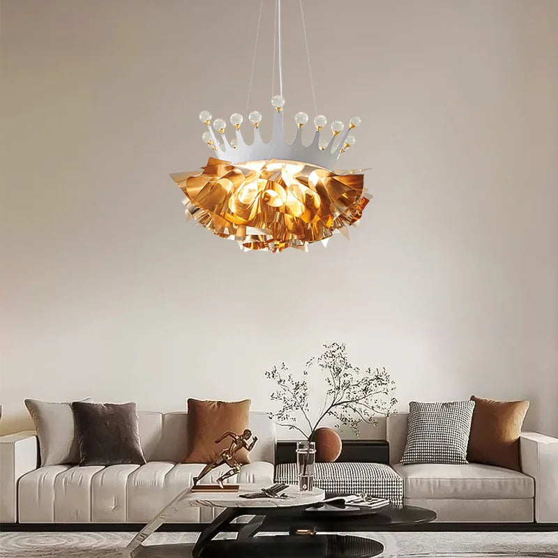 Afralia™ Luxury Golden Acrylic Crown Pendant LED Chandelier for Modern Living Room