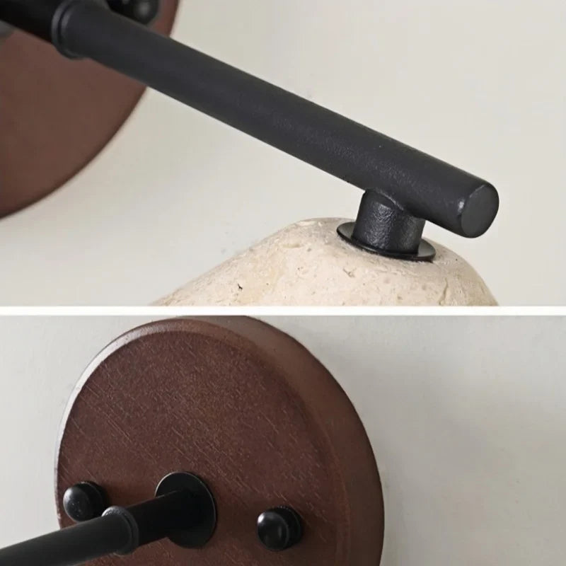 Afralia™ LED Yellow Travertine Wall Light with Wood Pull Chain Switch and Iron Frame