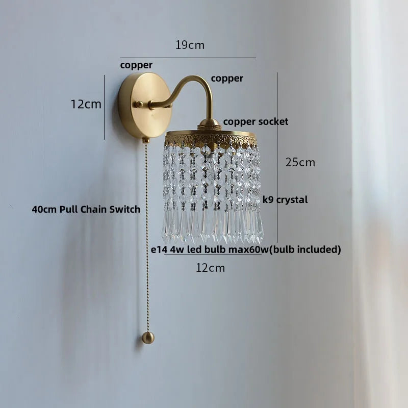 Afralia™ Nordic LED Wall Light with Pull Chain Switch, Crystal Glass Bedside Lamp