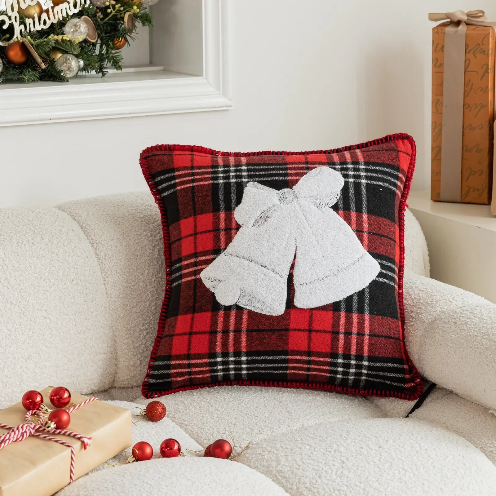 Afralia™ Buffalo Check Snowflake Jingle Bell Pillow Case | Retro Christmas Decoration