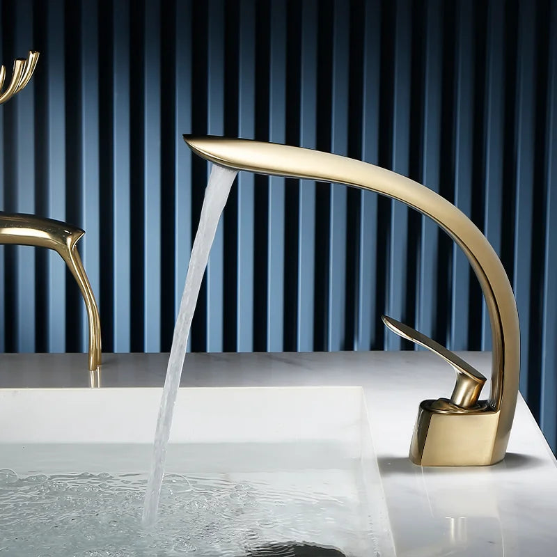 Afralia™ Grey/Black Wash Basin Faucet Single Handle Mixer Tap Hot Cold Waterfall Brushed Gold