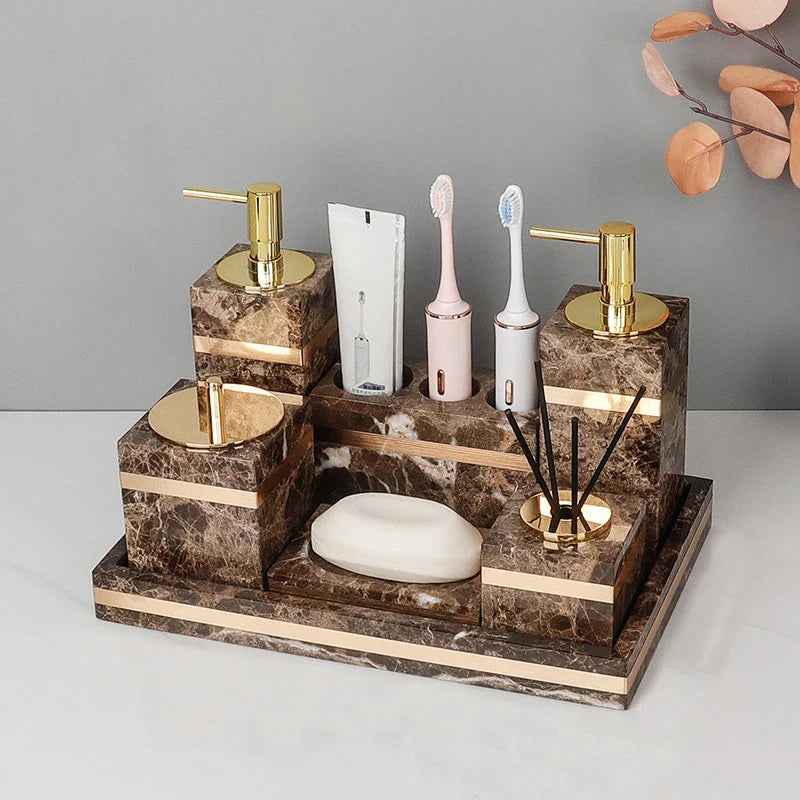 Afralia™ Emperador Dark Marble Bathroom Set: Toothbrush Holder, Soap Dispenser, Luxury Accessories