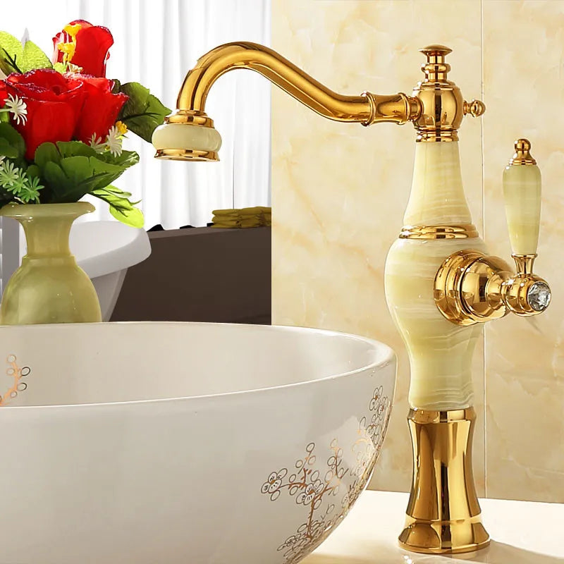 Afralia™ Gold Jade Brass Bathroom Basin Faucet | Deck Mounted Hot Cold Water Mixer