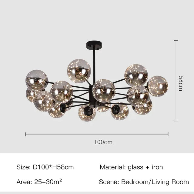 Afralia™ Black Glass Ball LED Chandelier for Living Room, Bedroom - Dimmable Nordic Luxury Fixture