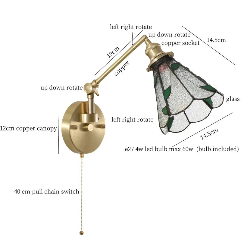 Afralia™ Vintage Brass Glass LED Wall Light with Pull Chain, Left Right Rotate Mirror Design