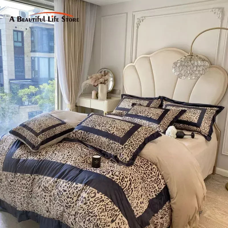 Afralia™ Leopard Print Velvet Bedding Set: Duvet Cover, Bed Sheet, Pillowcases