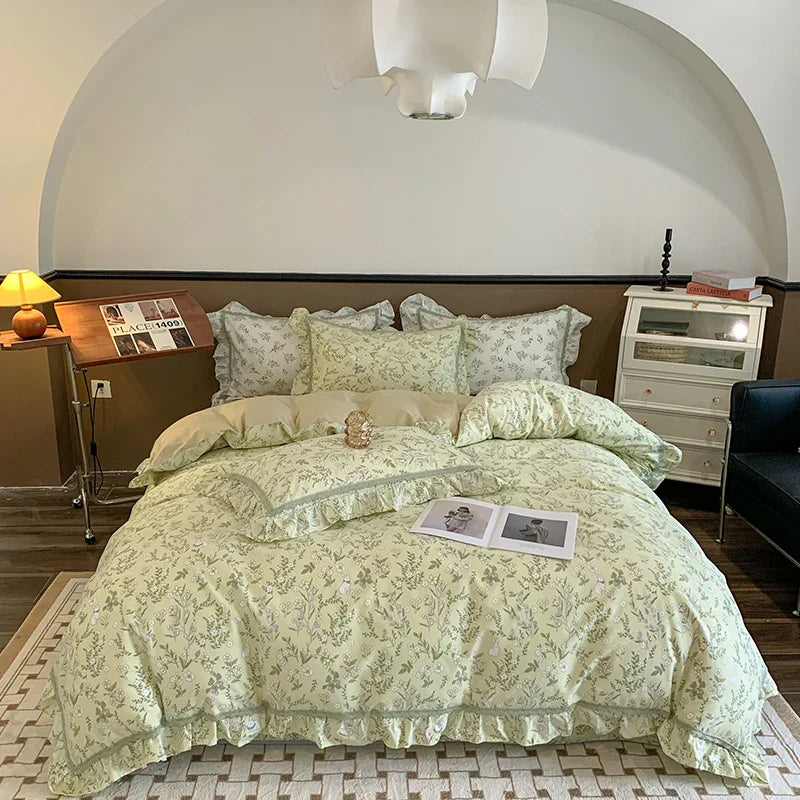 Afralia™ French Floral Bedding Set, 100% Cotton, Ruffles, Duvet Cover, Bed Sheet, Pillowcases