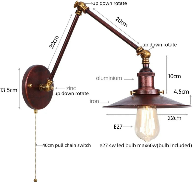 Afralia™ Black Iron LED Wall Light Fixture Industrial Vintage Adjustable Long Arm