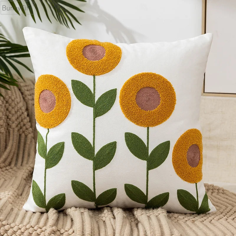 Afralia™ Floral Embroidery Pillow Cover Sunflower Dandelion Soft Canvas Decoration