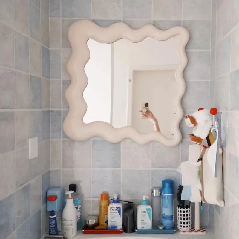 Afralia™ Cream Cloud Wave Mirror, Wall-hung for Bathroom & Bedroom Makeup Decor