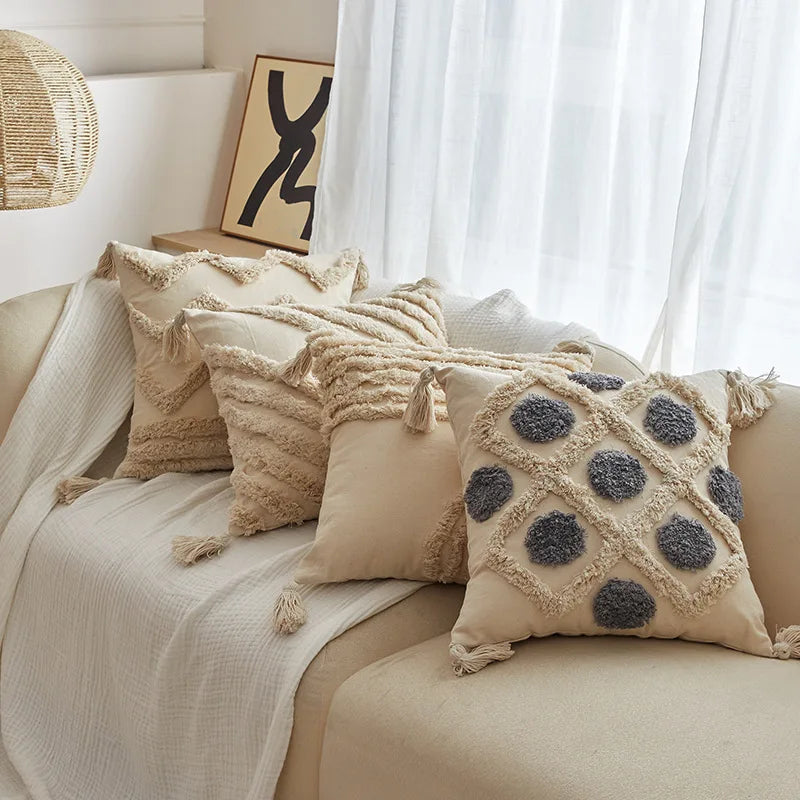 Afralia™ Geometric Tufted Tassel Cushion Cover Cotton Canvas Fall Pillow Cover