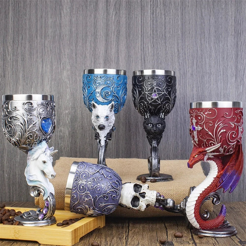 Afralia™ Resin Unicorn Dragon Wine Glass Steel Goblet Wolf Cat Skull Drinkware