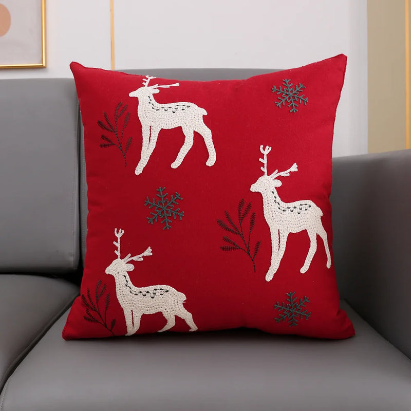 Afralia™ Christmas Décor Cushion Cover 45x45cm Snowflake Deer Green Red Embroidery Pillow Cover