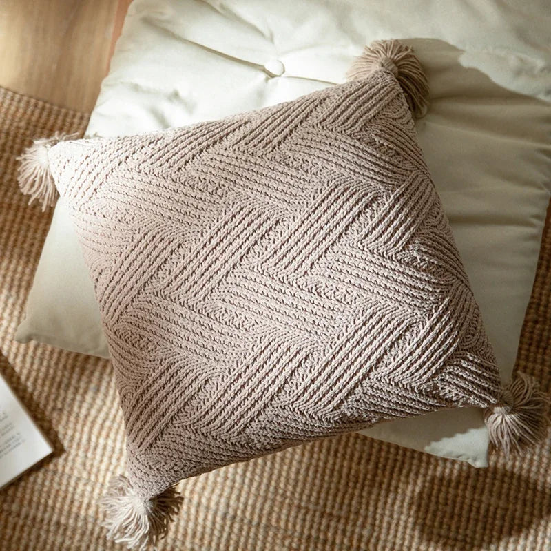 Afralia™ Twill Knit Cushion Cover 45x45cm, Solid Pillow Case with Tassels, Home Decor Square