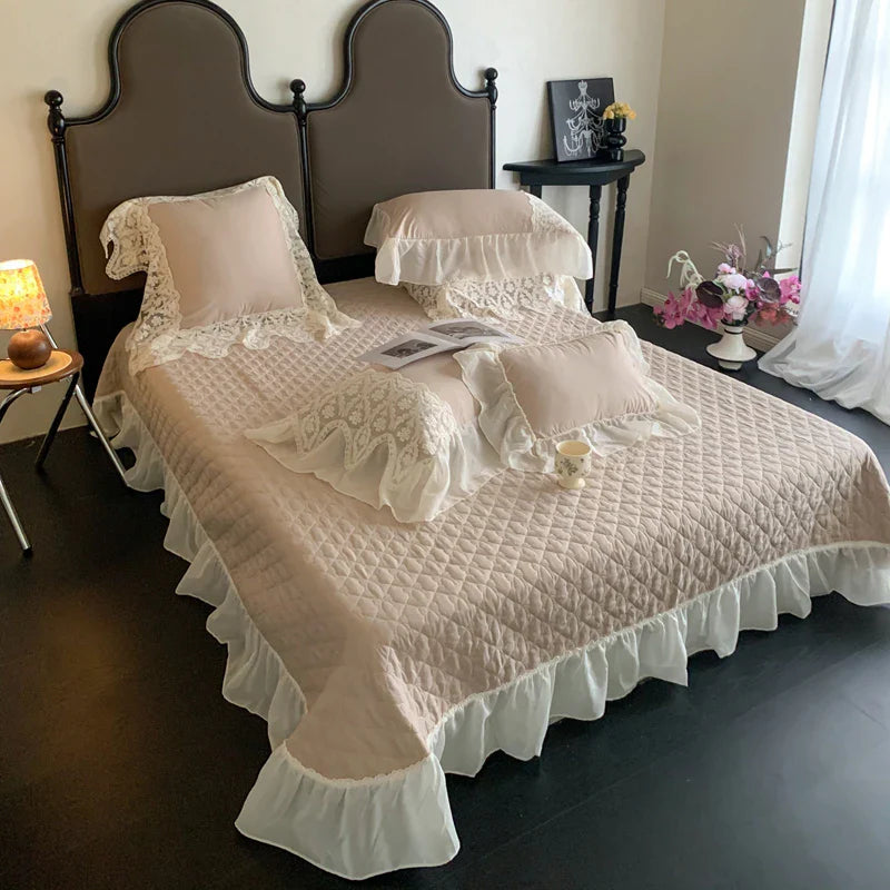 Afralia™ Pink Lace Ruffles Quilted Bedspread 250x260cm Bed Cover - Summer Quilt
