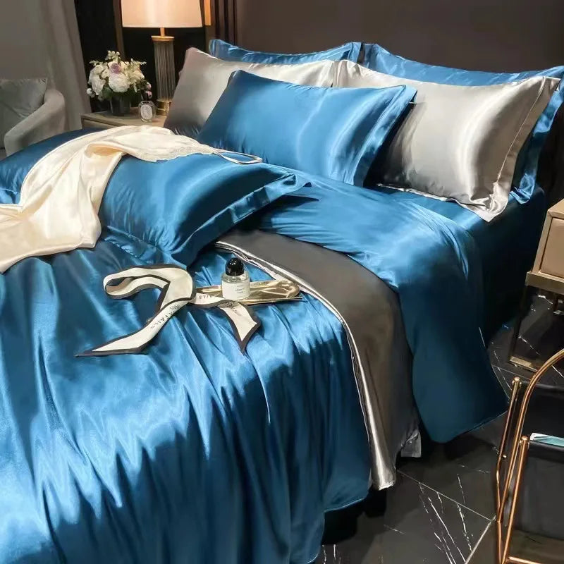 Afralia™ Silk Bedding Set: Mulberry Silk Duvet Set with Fitted Sheet, King or Queen Size