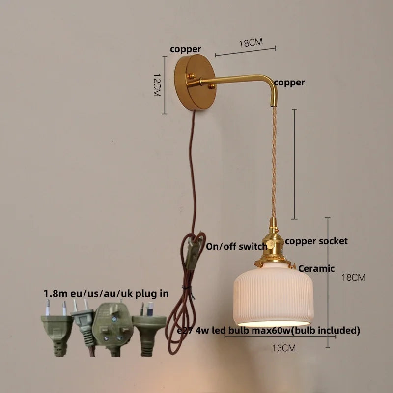 Afralia™ Ceramic Copper Wall Light Fixture with Pull Chain Switch, E27 LED, Modern Nordic Design