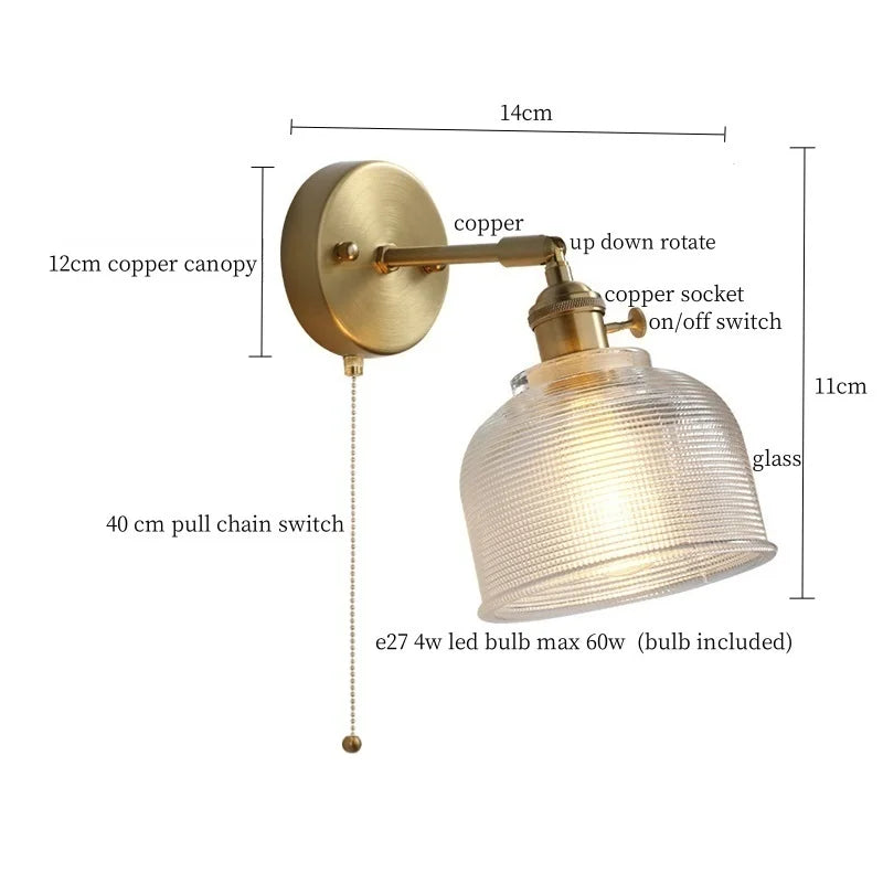 Afralia™ Clear Brass Glass LED Wall Lamp Pull Chain for Living Room Bedroom Loft