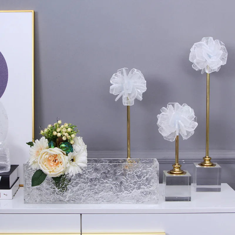 Afralia™ Crystal Flower Glass Craft Hyalinite Sculpture Metal Decor Figurine