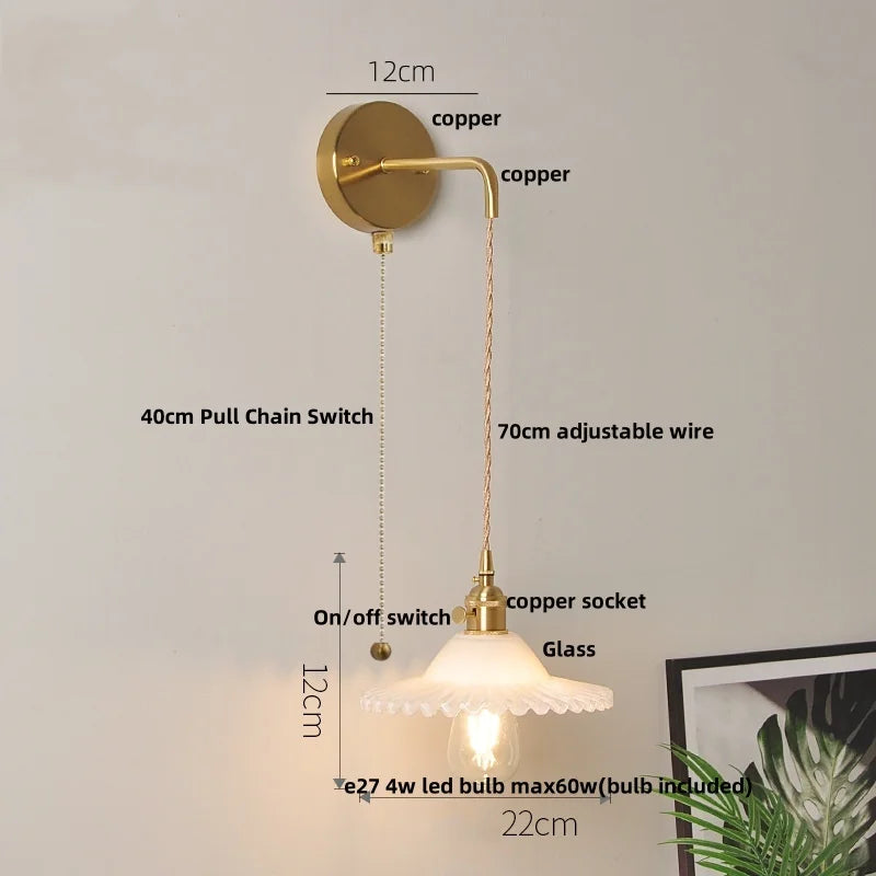 Afralia™ White Glass LED Wall Lamp with Pull Chain Switch - Modern Nordic Design