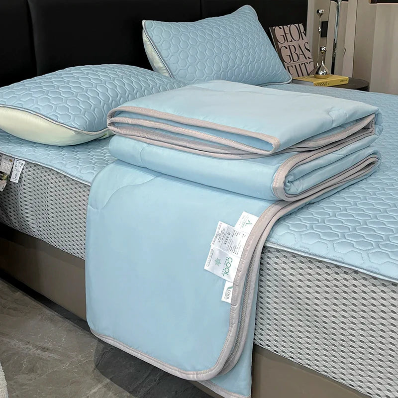 Afralia™ Silk Summer Blanket Set: Latex Fitted Sheet, Pillowcase, Queen Lightweight Comforter