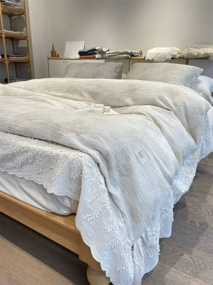 Afralia™ Vintage Jacquard Ruffles Bedding Set with Three Layers Yarn Lace
