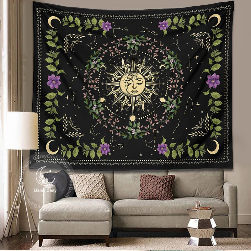 Afralia™ Botanical Moon Phase Floral Tapestry Wall Hanging for Cottagecore Dorm Decor